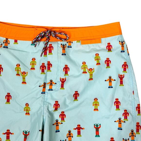 Original Penguin Men's Robot Print Swim Trunks 34 Swimsuit Blue Orange Pop Art - Picture 2 of 5
